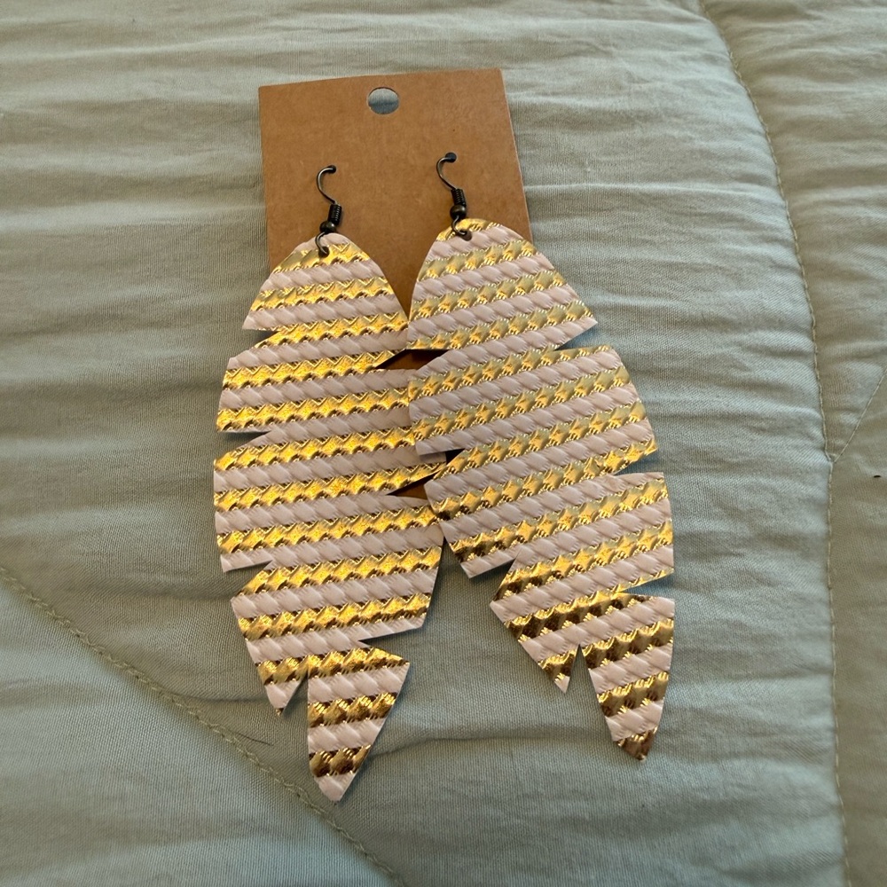 Handmade Gold and White Striped Feather Faux Leather Earrings